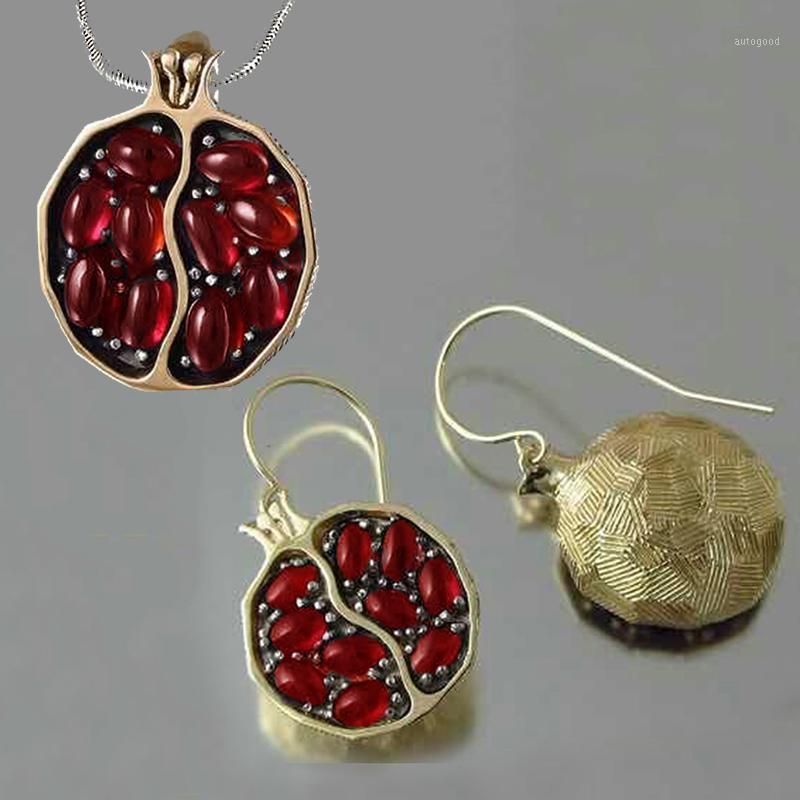 

Dangle & Chandelier Vintage Fruit Fresh Red Garnet Earrings Pendant Necklace Gold Color Resin Stone Pomegranate Jewelry Gift For Women Gifts