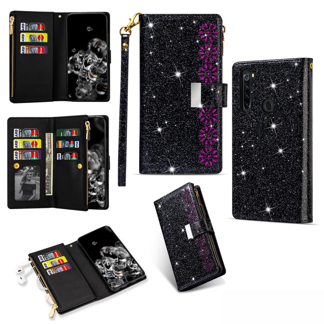 

For Xiaomi Redmi Note 8 Multi-card Slots Starry Sky Laser Carving Glitter Zipper Horizontal Flip Leather Case with Holder Wallet Lanyard
