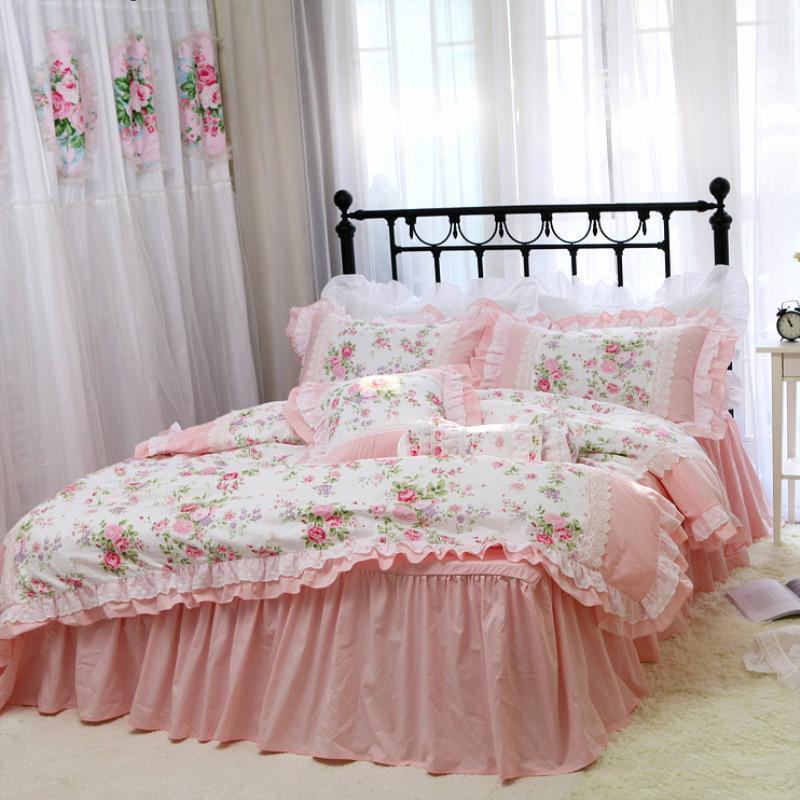 

Romantic Embroidery bedding set rose print bedding ruffle lace bed set princess king cotton duvet cover queen, Pink