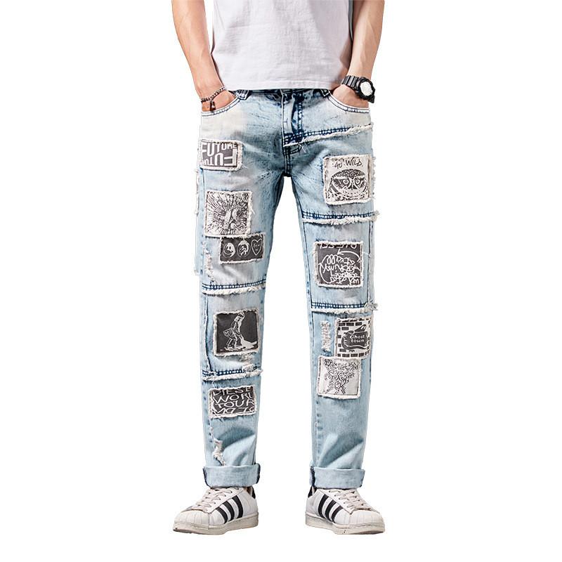 

KIMSERE Mens Fashion Patched Jeans Pants Hi Street Ripped Denim Trousers With Patches Washed Distressed Jeans Stretch Streetwear, Sky blue