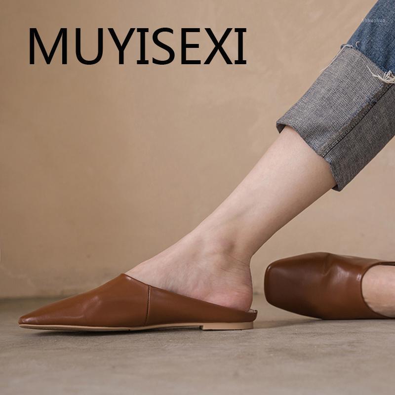 

Simple mules cozy super soft genuine leather slip on low heel slip on square toe leisure summer shoes women DONQ13 MUYISEXI1, Brown
