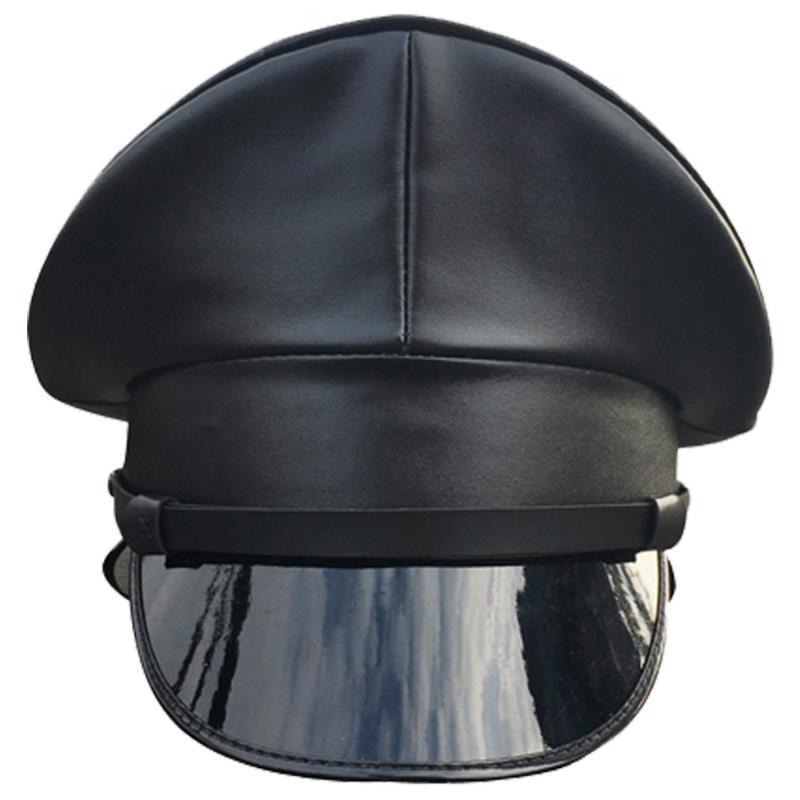 

Black PU Leather Hat Cap Performance Stage Show Night Bar Cap Captain, As pic
