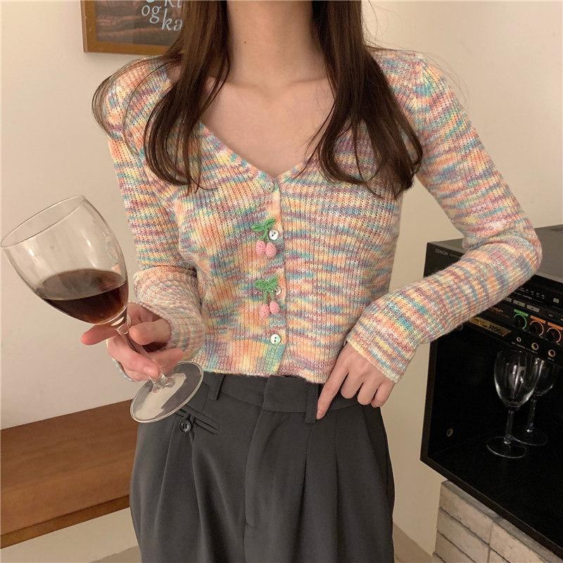 

Cardigan Women Autumn and Winter New Cherry Decoration Slimming Knitted Sweater Rainbow Color Stitching Short Thin Cardigan Tops, As the picture