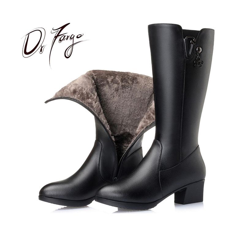

DRFARGO Genuine Leather Winter Shoes Women Warm Short Plush Med Square High Heel Black Zipper Boots plus big size 35 42 43 6082