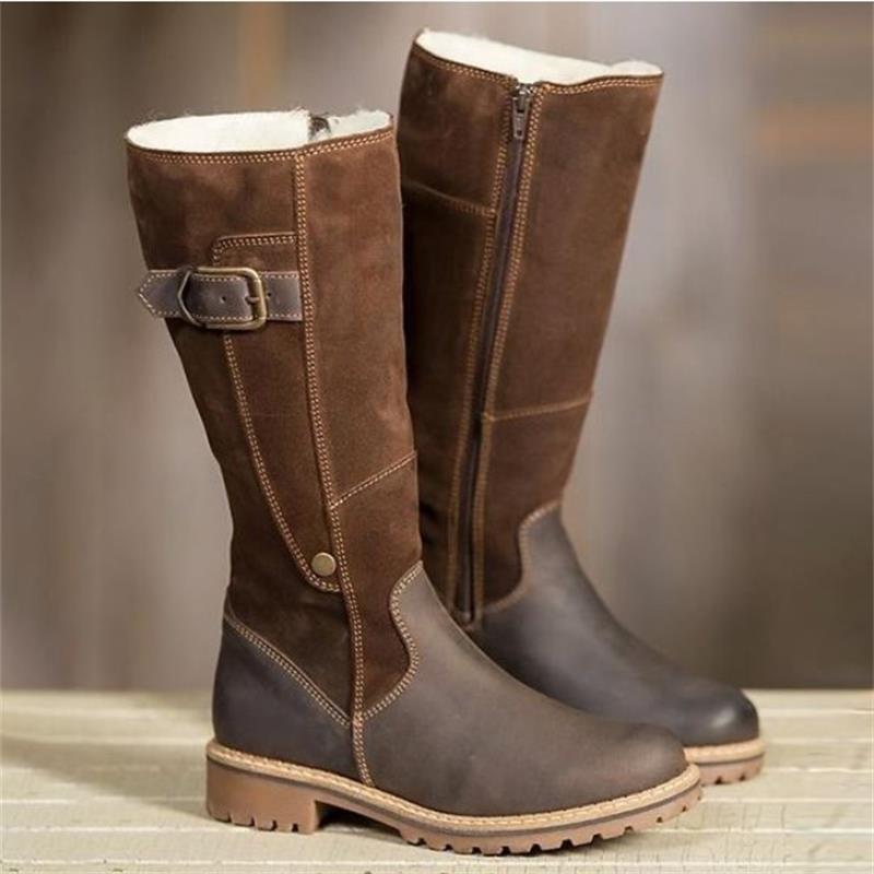 

New Boots Women Leather Flock Winter Plush Warm Kneel High Boots Luxry Ladies Patchwork Flat Shoes Casual Female Snow, Blackbrown