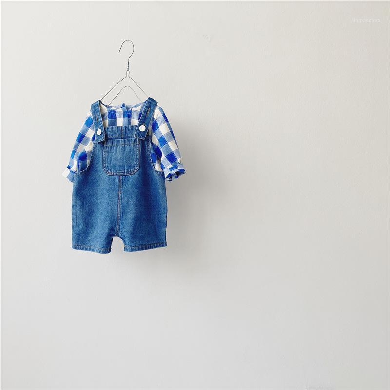 

5096 Hot Sale Baby 2 Piece Clothes Baby Plaid Long Sleeve Shirt + Denim Suspender Pant Boy Casual Clothes Girl Clothing Set1, Blue