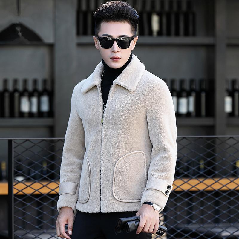 

2020 New Short Real Fur Coat Autumn Winter Sheep Shearling Wool Coat Leather Jacket Warm Brown Mens L18-3702 KJ1305, Beige