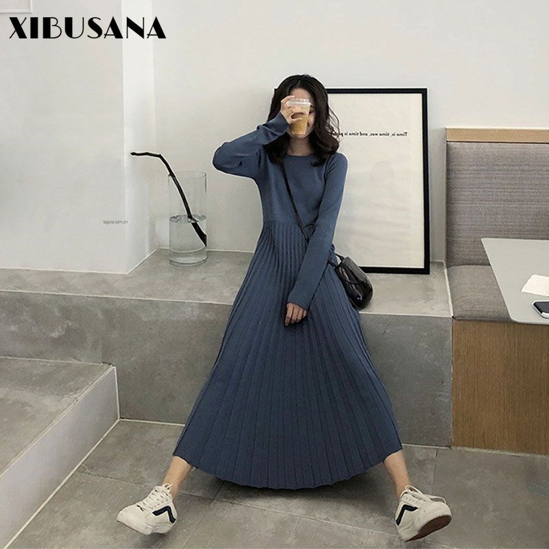 XIBUSANA Women Autumn Winter New Knitted Pleated Ankle Length Dress Female Long Sleeve Solid Draped Casual Dresses Vestidos 201125Z