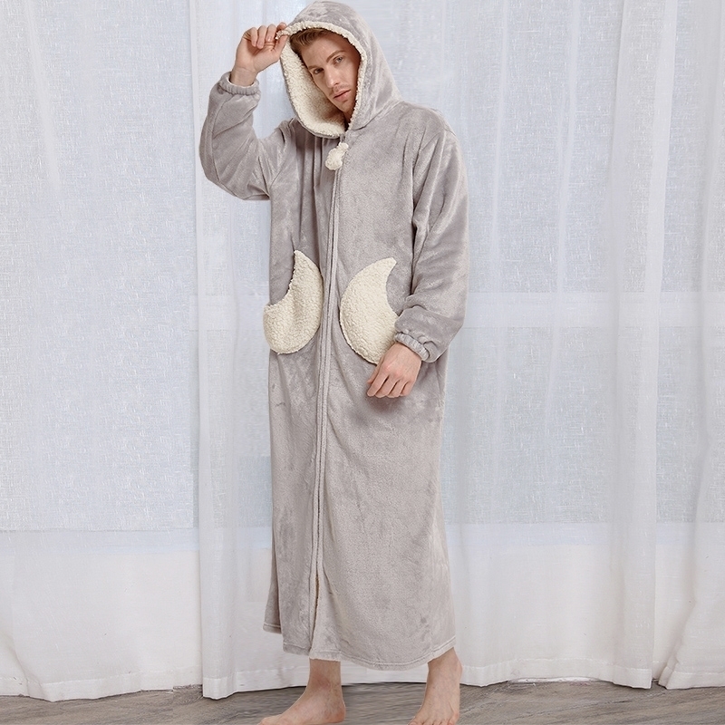 

Men Winter Plus Size Long Cozy Flannel Bathrobe Star Thick Warm Coral Plush Zipper Bath Robe Night Dressing Gown Women Sleepwear 210203, Men pink moon