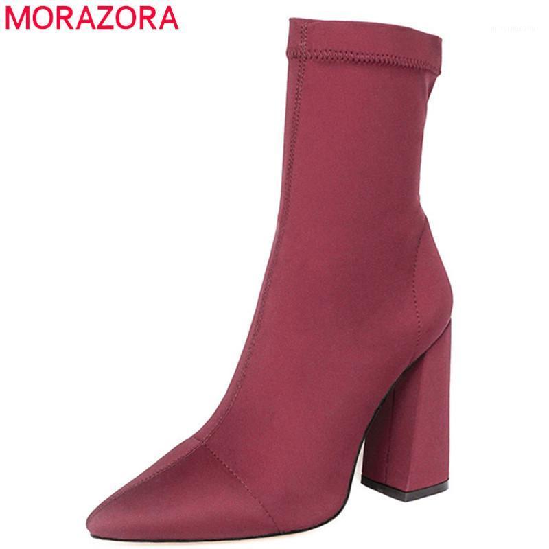 

MORAZORA 2020 new fashion Stretch boots solid colors autumn ankle boots slip on classic high heels dress party shoes woman1, Black