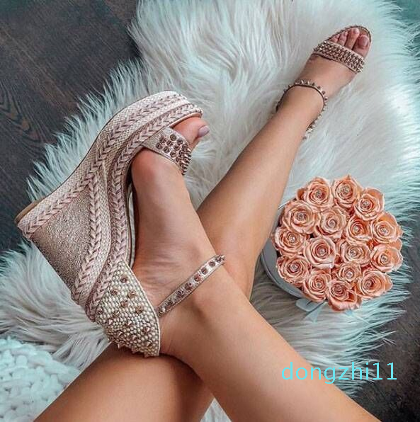 

Summer Style Red Soles Shoes High Heels For Women Red Bottom Chocazeppa Wedge Flat Shoes Flatform Sandals With Silver-tone Studs Gladiator S