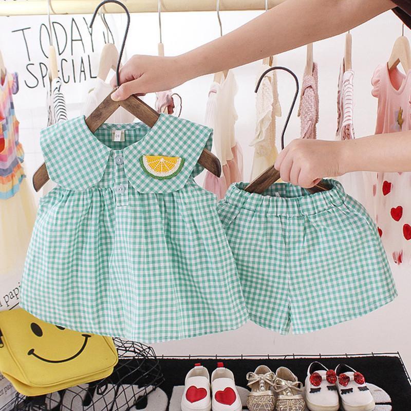 

Toddler Kids Outfits Baby Clothes Sets Summer Baby Girls Princess Sleeveless Plaid T-shirt Top+Shorts Cute Infant Clothing Suit1, Tz094