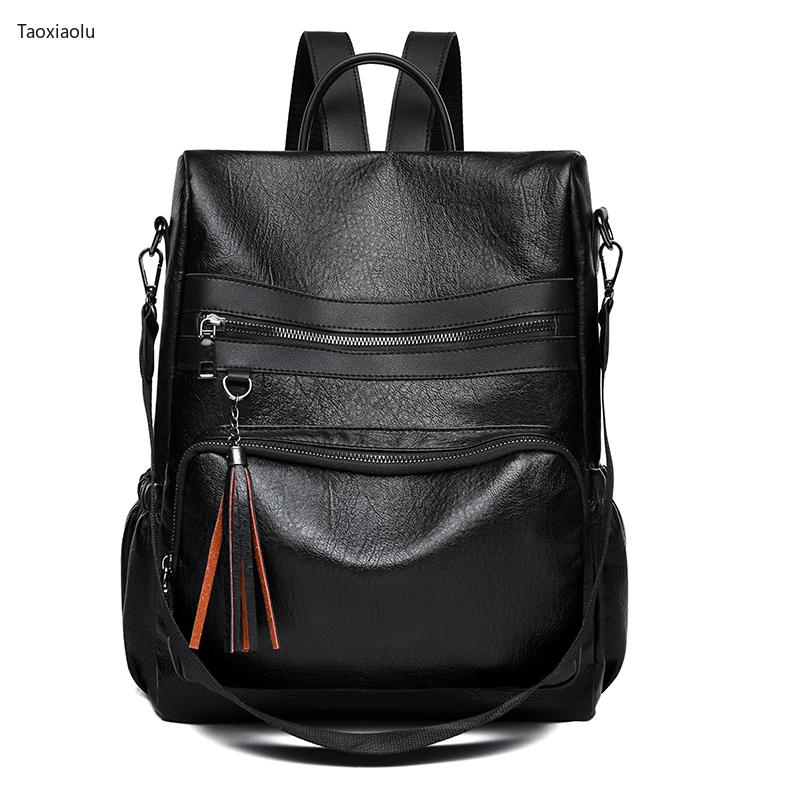 

Fashion Backpack Women Luxury Leather Black Zipper Anti Theft Travel Backpack Tassel Vintage School Bag Rucksack Female