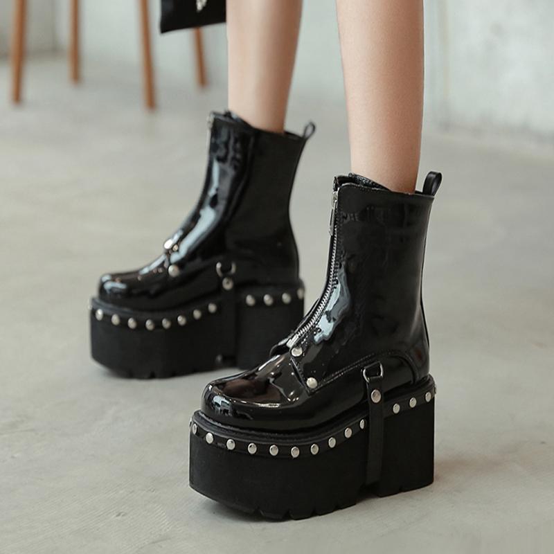 

New Round-toe Patent Leather Women's Boots Sexy Women's Winter Boots Shoes, Black