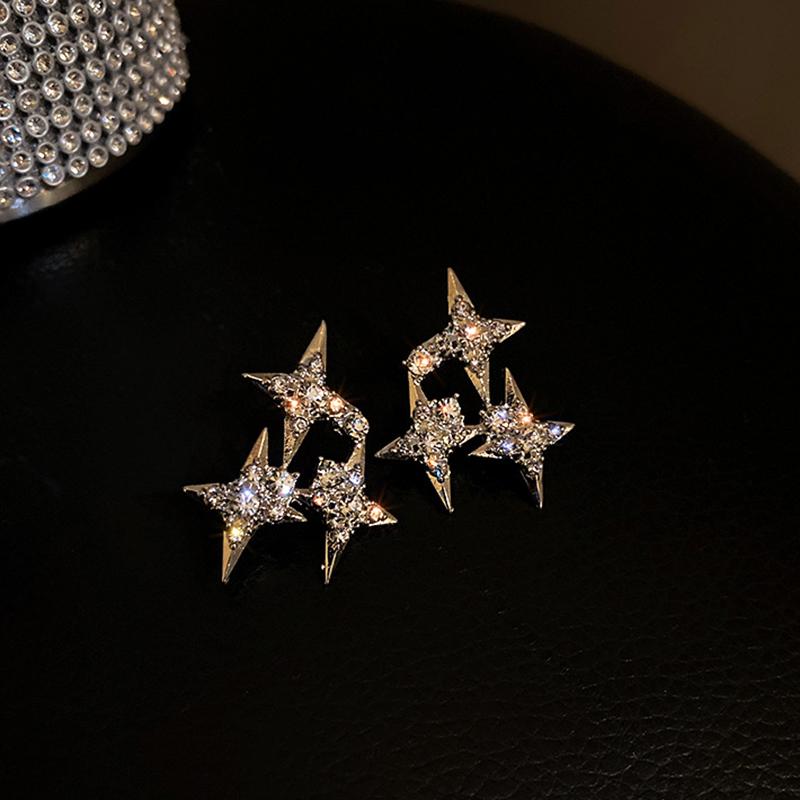 

Stud Trendy Plated Silver Four Pointed Star Earrings For Women Girl Korean Fashion Jewelry S925 Needle Zirconia