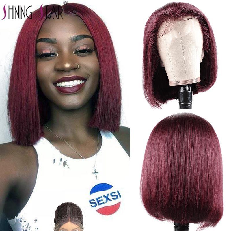 

Shining Star 13*1 Transparent Lace Wigs 99J Red Burgundy 150% Pre-Plucked Remy Human Hair Wig Straight Short Bob Brazilian Remy, #99j