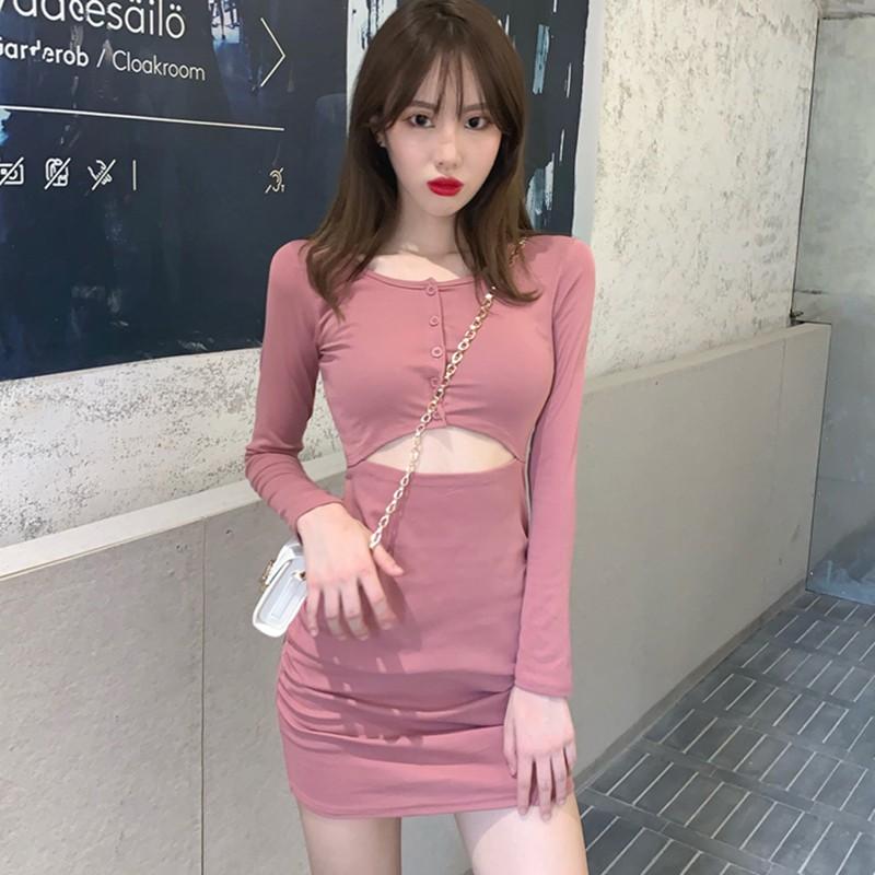

Korean Fashion Long Sleeve Dress Women Solid Color High Waist Dresses Female Exposed Navel Slim Dress, Green
