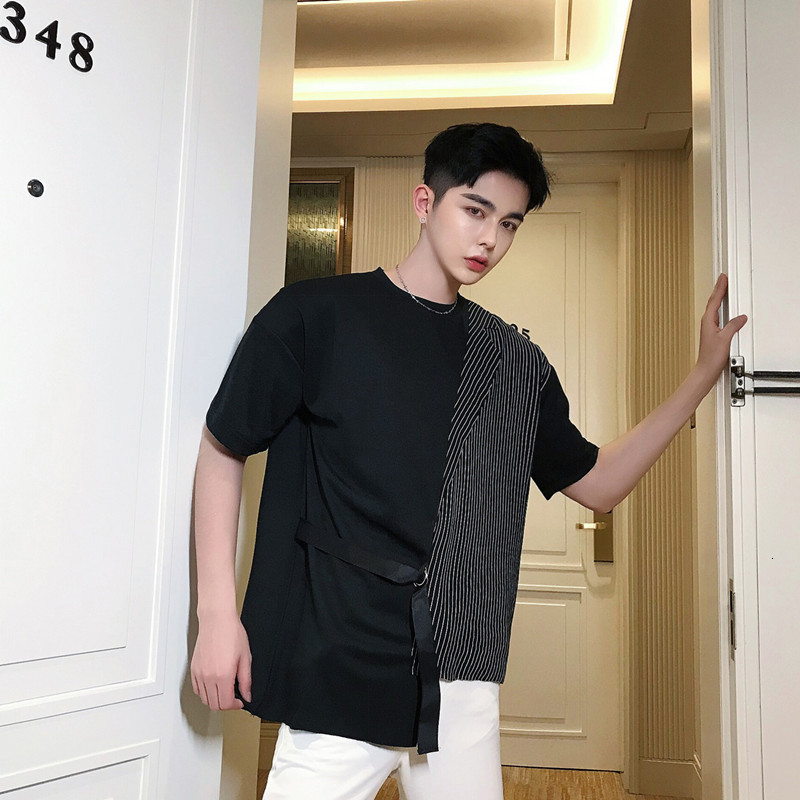 

2021 New Individual Style Necklace Dark Suit Stripes Patchwork Color Contrast t Glove Men's Sleeve Shirt Short Hairstylist Club 3S66, White