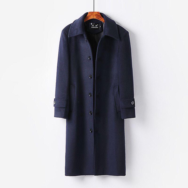 

Long trench coat men' autumn and winter trend of slim-fit over the knee men' British style youth casual woolen coat, Black
