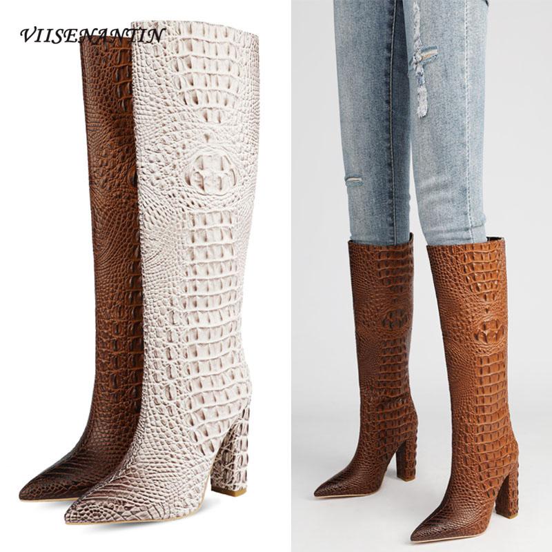 

New Customized Embossed Leather Personality Fashion Trendy Boots Thick High Heel Pointed Toe Brown Versatile Shoes for Women, As pic