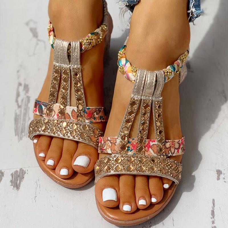 

2020 gladiator wedge heels elastic band crystals summer Women Shoes women Sandals leisure beach sandals, Dorado