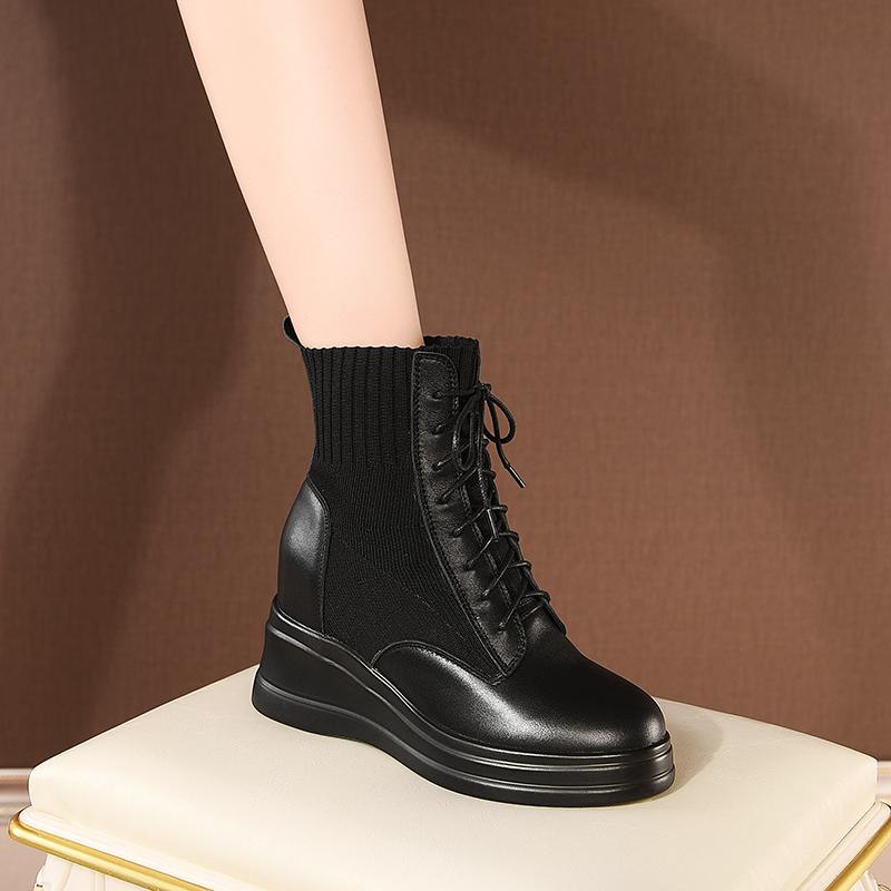 

Socks Boots Women Autumn Winter lace up Ankle Boots High Heels Wedges Platform Casual Shoes Woman New Genuine Leather Shoes, Black