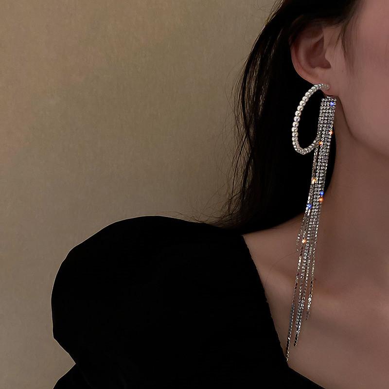 

FYUAN Big Pearl Circle Hoop Earrings for Women Bijoux Long Tassel Rhinestone Earrings Wedding Bride Jewelry