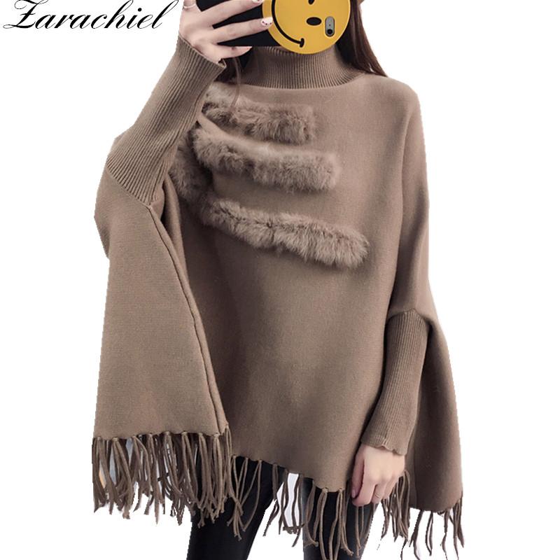 

Real Fur Patchwork Cloak Turtleneck Pullover Cape And Poncho Shawl Fashion Tassel Women Autumn Winter Bat Sleeves Sweater, Black