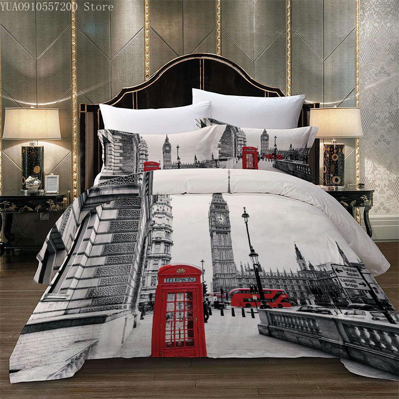 

Paris Tower London City Scenery Big Ben Red Telephone Booth Bus Print Bedding Set Quilt Duvet Cover+Pillow Case US AU EU Size, Type 3