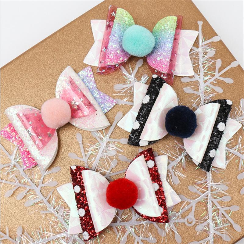 

10pcs/Lot Fashion Glitter Hair Bows For Girls Kids Handmade Pompom Gradient Color Hair Clips Hairpins Barrettes Accessories, Red
