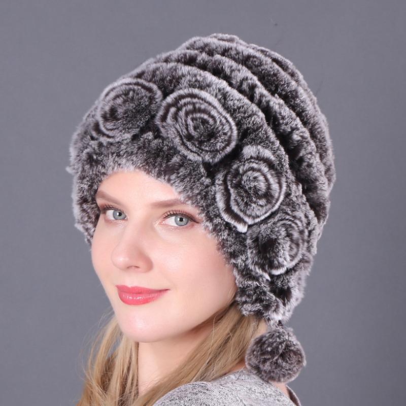 

Beanie/Skull Caps Winter Cap Real Fur Hat Women Knit Beanie Lady Warm Snow Flower Patchwork Luxury Female Hats Girls Gift 2021, 17 real fur cap