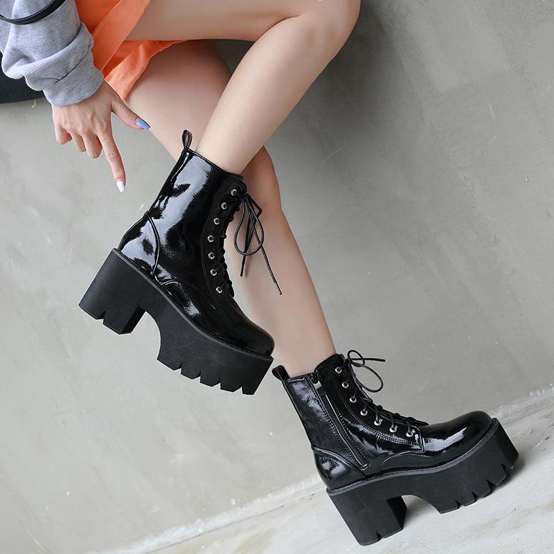

ankle boots punk shoes lace up high thick heels round toe motorcycle boots women shoes zipper winter platform LJB186, Black