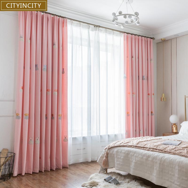 

CITYINCITY girl Curtain For bedroom Embroidered Faux linen cute bear Curtains for living room Home Decor Customized, Pink