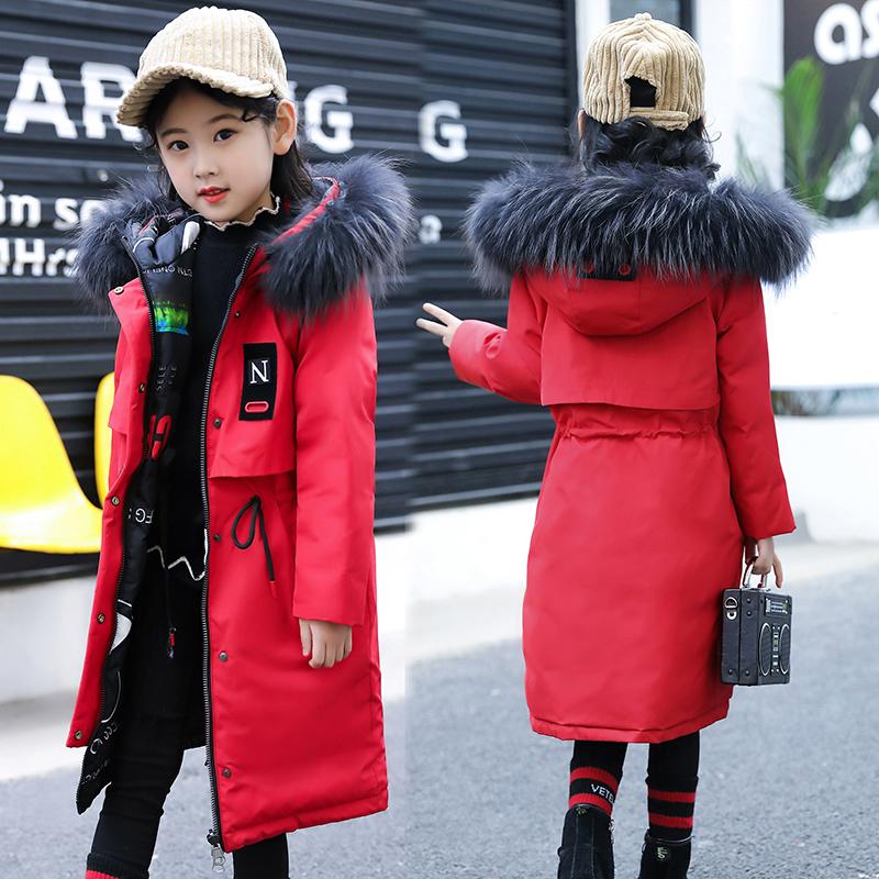 

5-16 Years Children Girl Down Jacket Winter Thick Warm Long Coat Raccoon Fur Hooded Kids Outerwear Clothes Two Sides Can Wear, Black