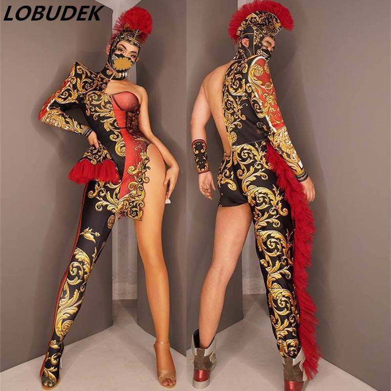 

Vintage Print One Shoulder Jumpsuit Uniform Men Women Dance Team Cosplay Costume Nightclub Singer Dancer Performance Stage Wear, Women style