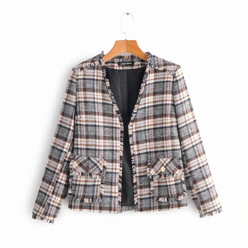 

New Women Plaid Suit Twist Tweed Notched Tassels Checked Feminino Gold Buttons Fall Winter Multi-occasion Jacket V-Neck, S236
