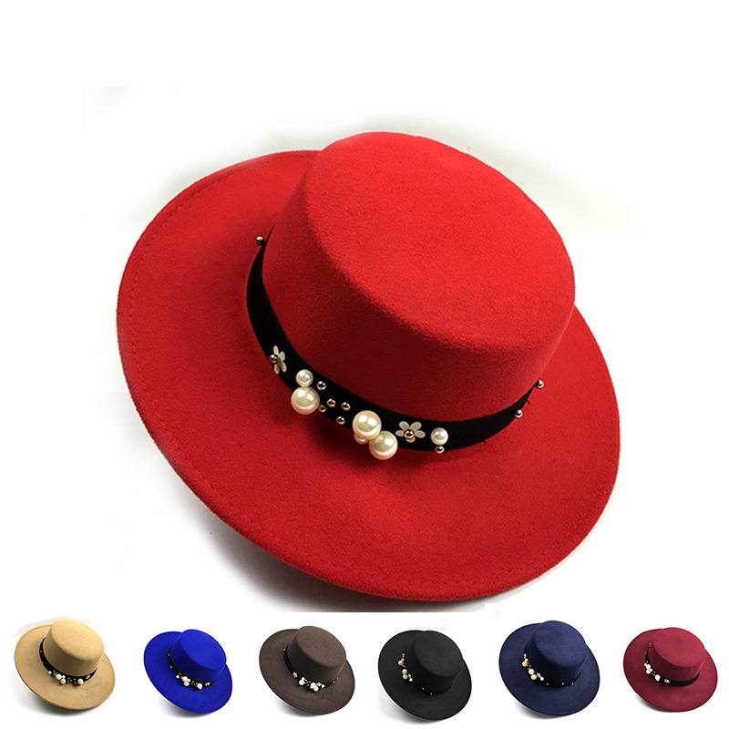 

fedora hats for women pearl flower elegant flat top winter women's hat solid color outdoor party dresses for women Hats, Red
