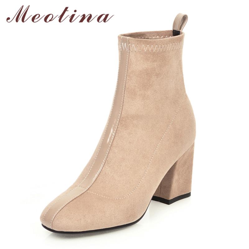 

Meotina High Heel Ankle Boots Women Shoes Round Toe Chunky Heels Female Short Boots Autumn Winter Black Wine Red Plus Size 46, Apricot