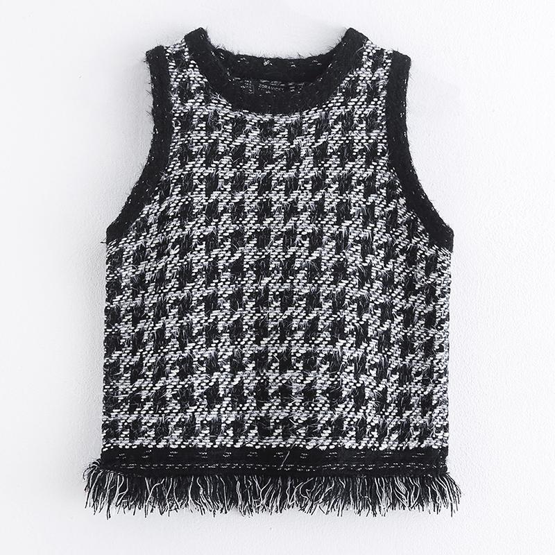 

Hadara England Style O Neck Sweaters Women Fashion Houndstooth Sweater Women Elegant Tassel Sleeveless Sweaters Female Ladies, As picture