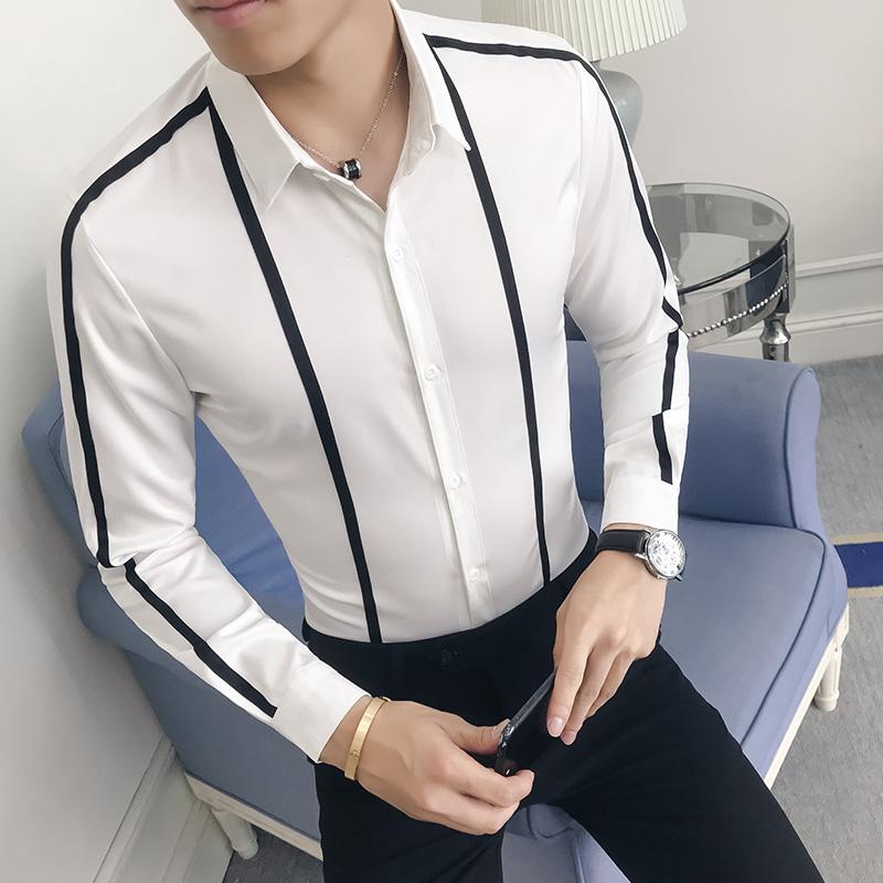 

Men's Dress Shirts Brand Designer Men Striped Shirt Long Sleeve 2022 Fashion Slim Camisa Masculina5XL Large Size Casual Social Prom, White;black