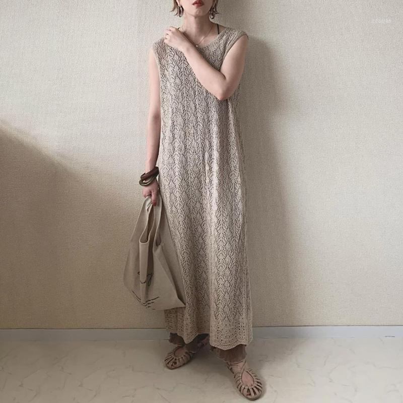 

Sleeveless Backless Split Hollow Women Dress Summer Casual Ankle-Length Dress Pullover Japan Korea Style Fashion Long Dresses1, Khaki