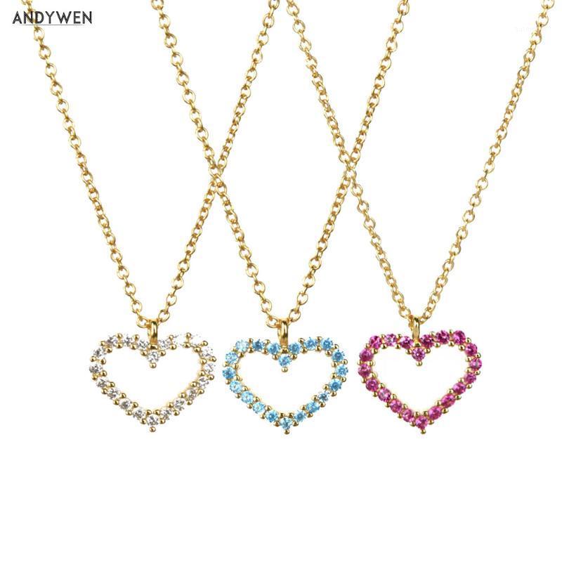 

ANDYWEN 925 Sterling Silver Long Chain Blue Champagne Rose Red Heart Pendant Long Chain Necklace 2020 Wedding Rock Punk Jewelry1