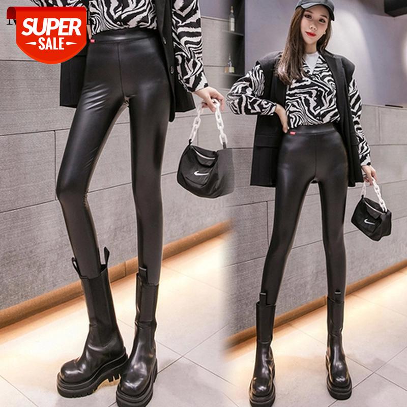 

New Autumn Winter Velvet PU Leather Pants Women High Waist Black PU Leather Leggings Pencil Skinny Women Pants Trousers 11688 #e88X, Black;white