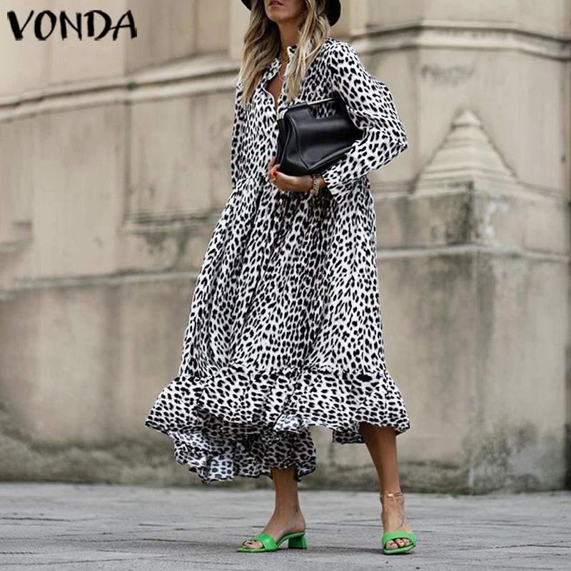 

Women Dress VONDA Vintage Long Sleeve Swing Leopard PartyLong Dress 2020 Autumn Casual Loose Vestidos Plus Size Sundress -5XL, Black