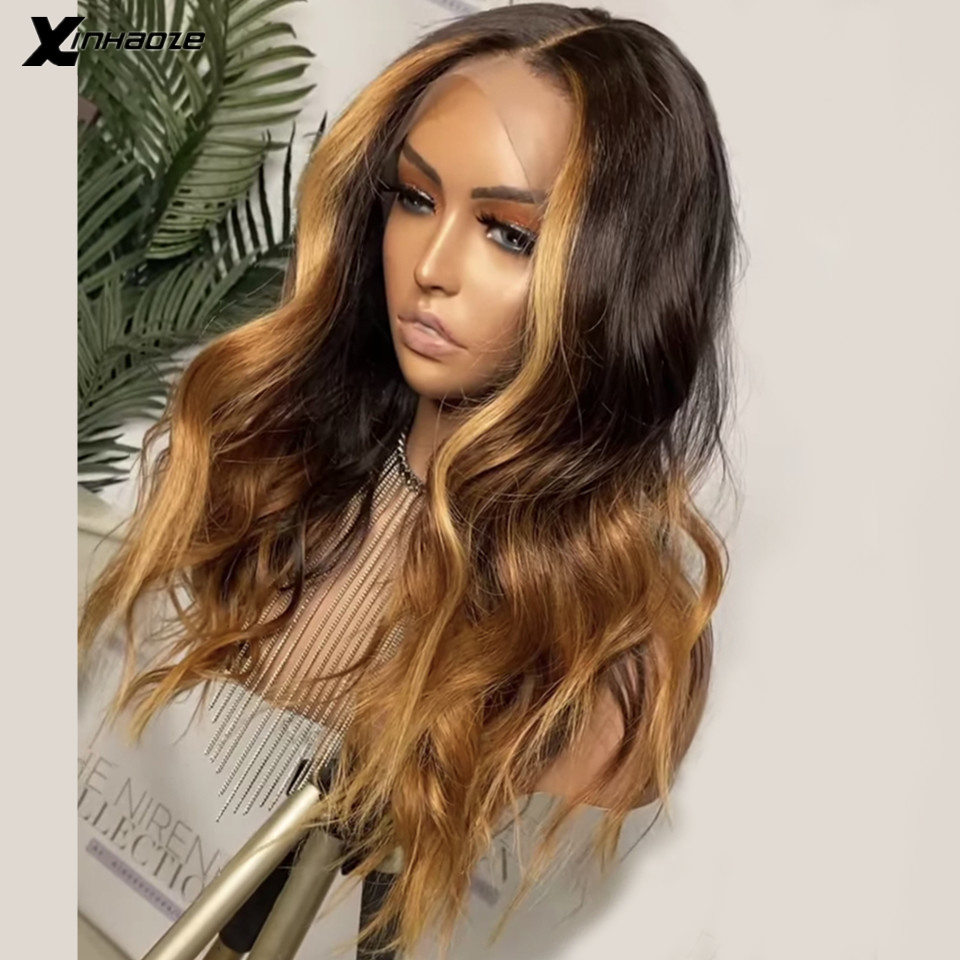 

Brazilian Hair Wigs Brown Honey Blonde Highlighted Wigs Ombre Body Wave 5*5'' Silk Base Lace Front Human Hair, 13x4 middle part wig