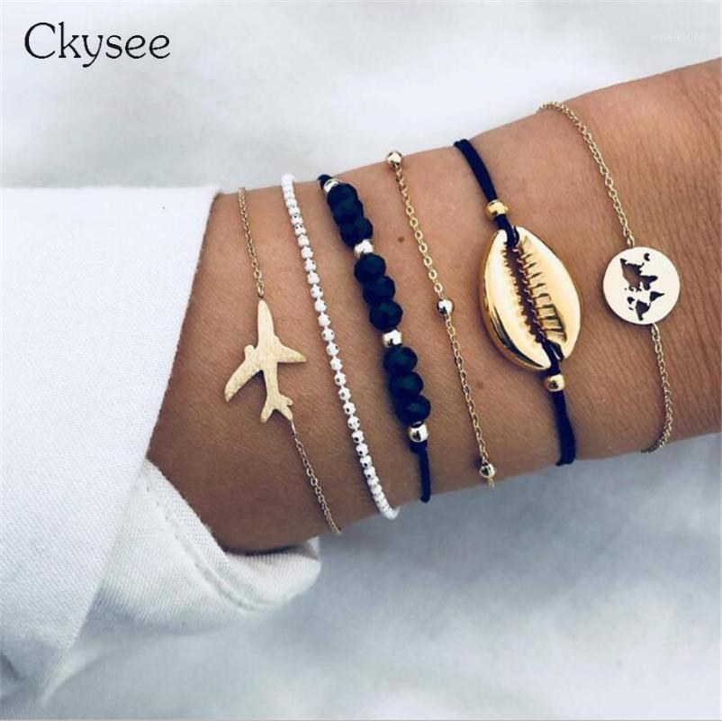 

Ckysee 6Pcs/lot Bohemian Alloy Shell Aircraft Charm Beads Bracelet Sets For Women Handmade Black Rope Chain Bracelet Bangles1
