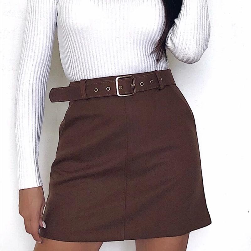 

ZHISILAO A-line Mini High Waist Skirt with Belt Autumn Winter 2020 Elegant Solid Bodycon Pencil Skirt Retro Black Chic, Beige
