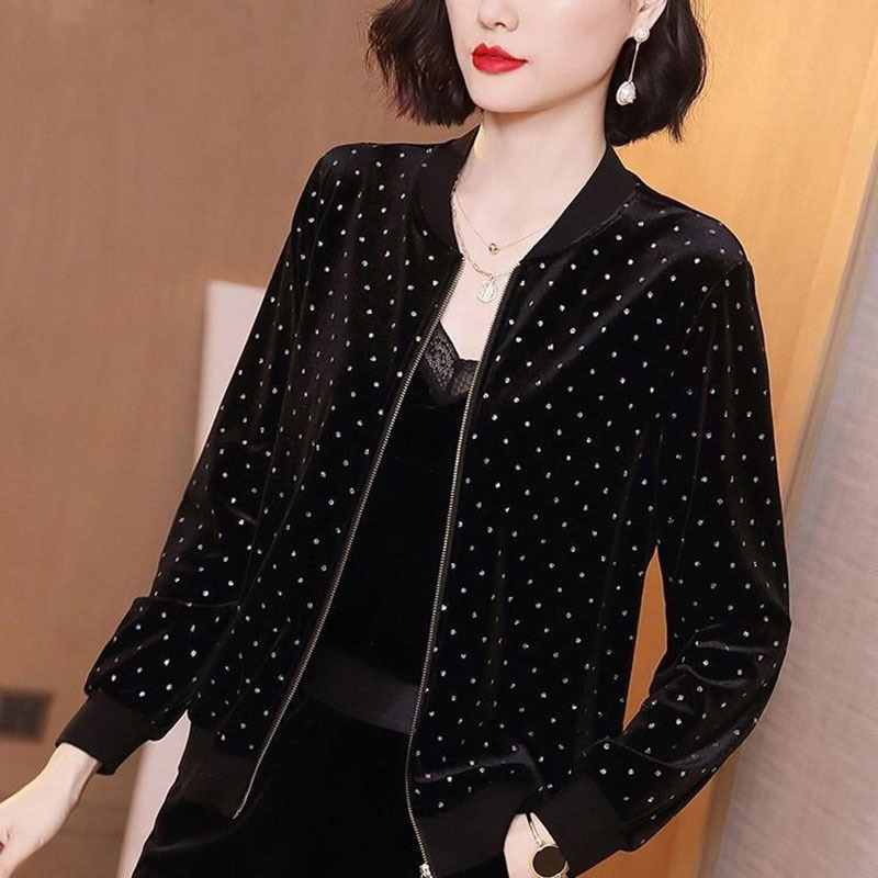 Casual print loose long-sleeve gold velvet short coat spring zipper cropped Jacket women fashion wild black cardigan 201112Z