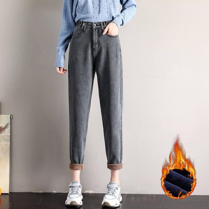 

New Vintage Plus Velvet Thicken Boyfriend Jeans For Women Casual Streetwear Warm Mom Jeans Long Autumn Winter Pants Women C67661, Black grey
