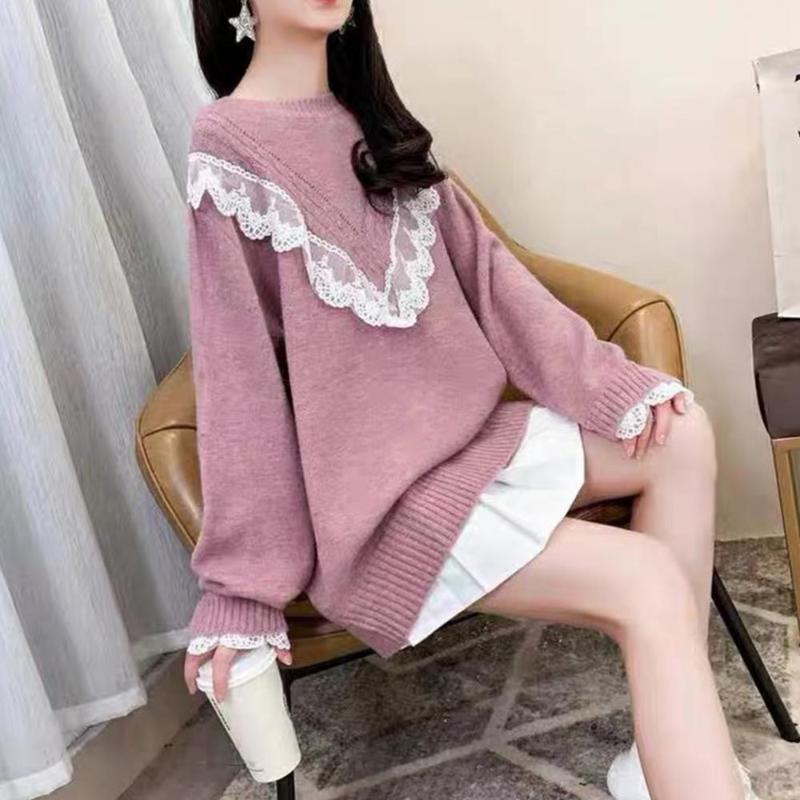

Women's Sweaters Women Autumn Winter Loose Lace Solid Color Round Neck Long Sleeve Knitted Blouse Top Pullovers Femme Thin Jumper Tops, White;black